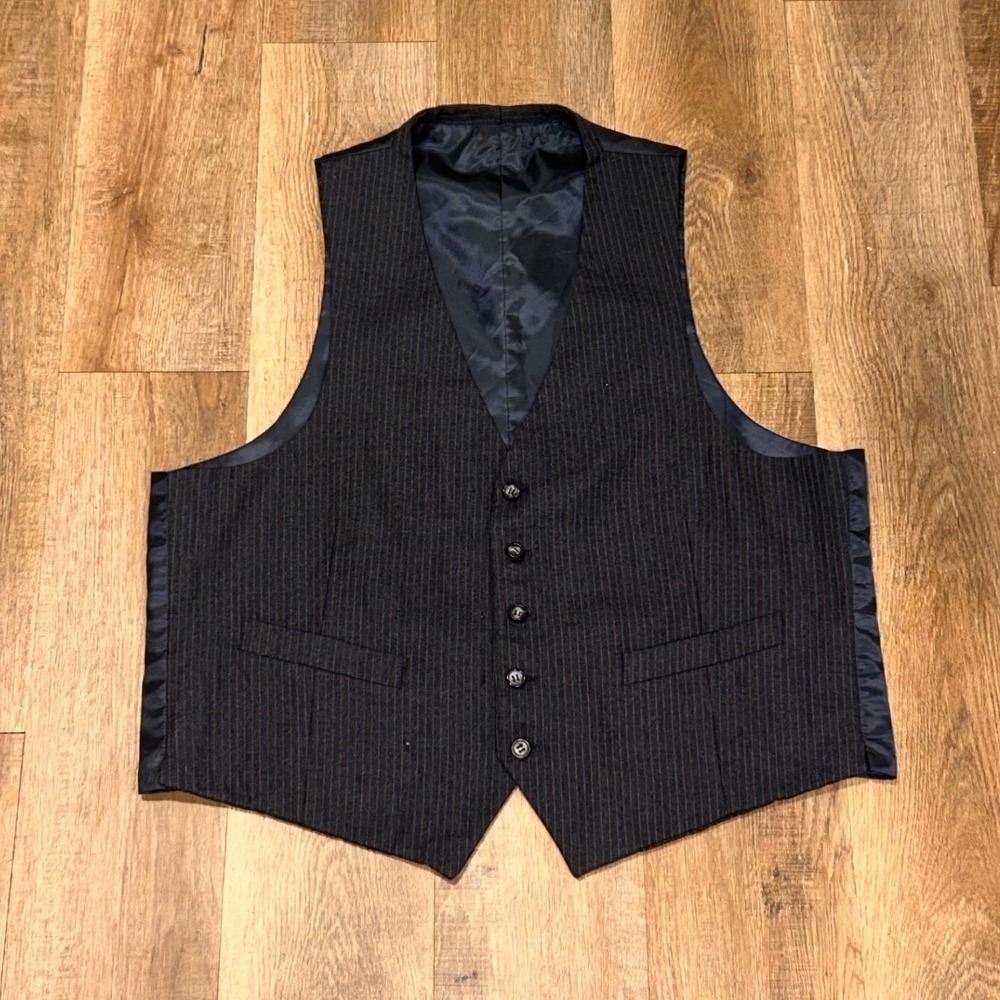 Vintage 80s The Mens Store Pinstripe Vest Charcoal Grey Formal Waistcoat 46R